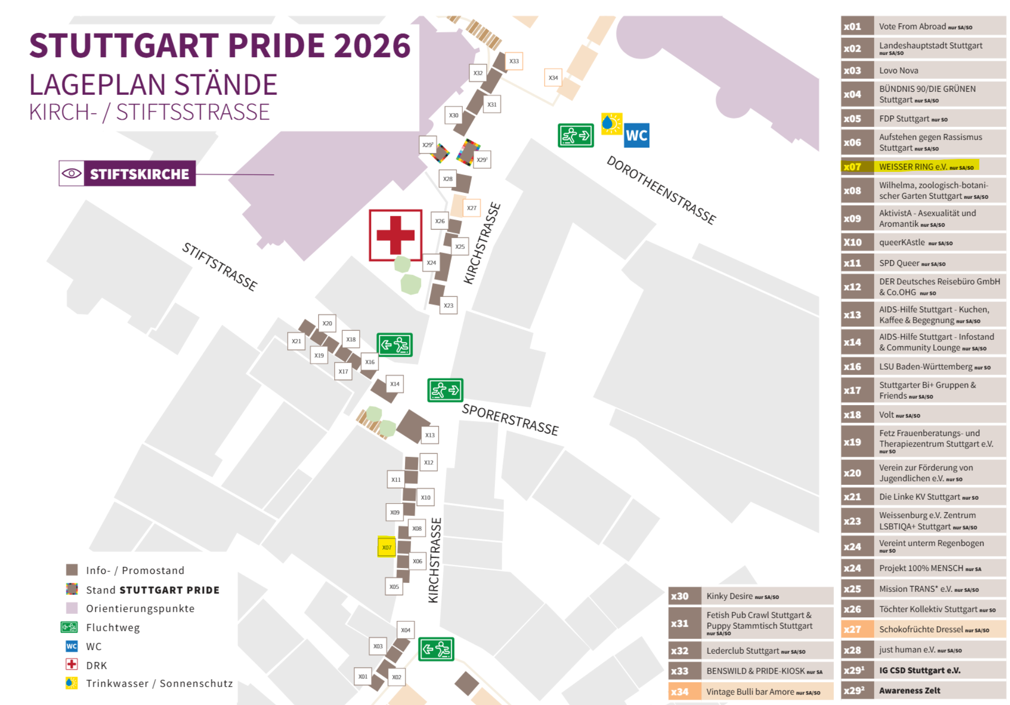 Lageplan der Innenstadt Stuttgart mit Fokus auf Kirchstrasse und Stiftstrasse, sowie Kennzeichnung der Infostände für den CSD 2026